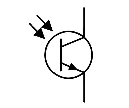 This is a sample diagram of a typical photodiode. The diagram depicts an LED shining onto a photodiode transistor. This action is what allows current to flow through the transistor.